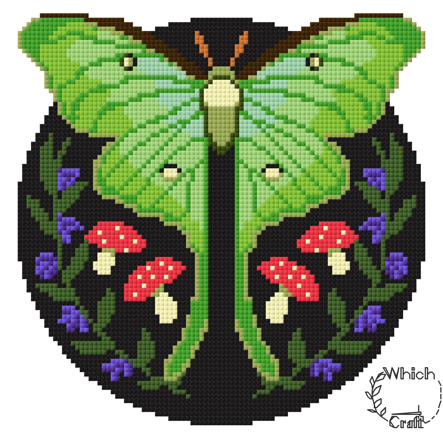 Luna Moth and Mushroom Cross Stitch Pattern Digital Download