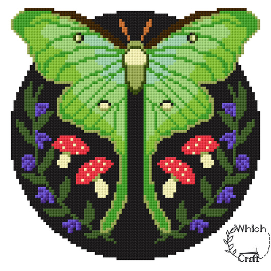 Luna Moth and Mushroom Cross Stitch Pattern Digital Download